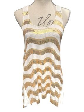 Bebe Off White/Gold Sequin Aviva Striped Tunic Tank Top (S)